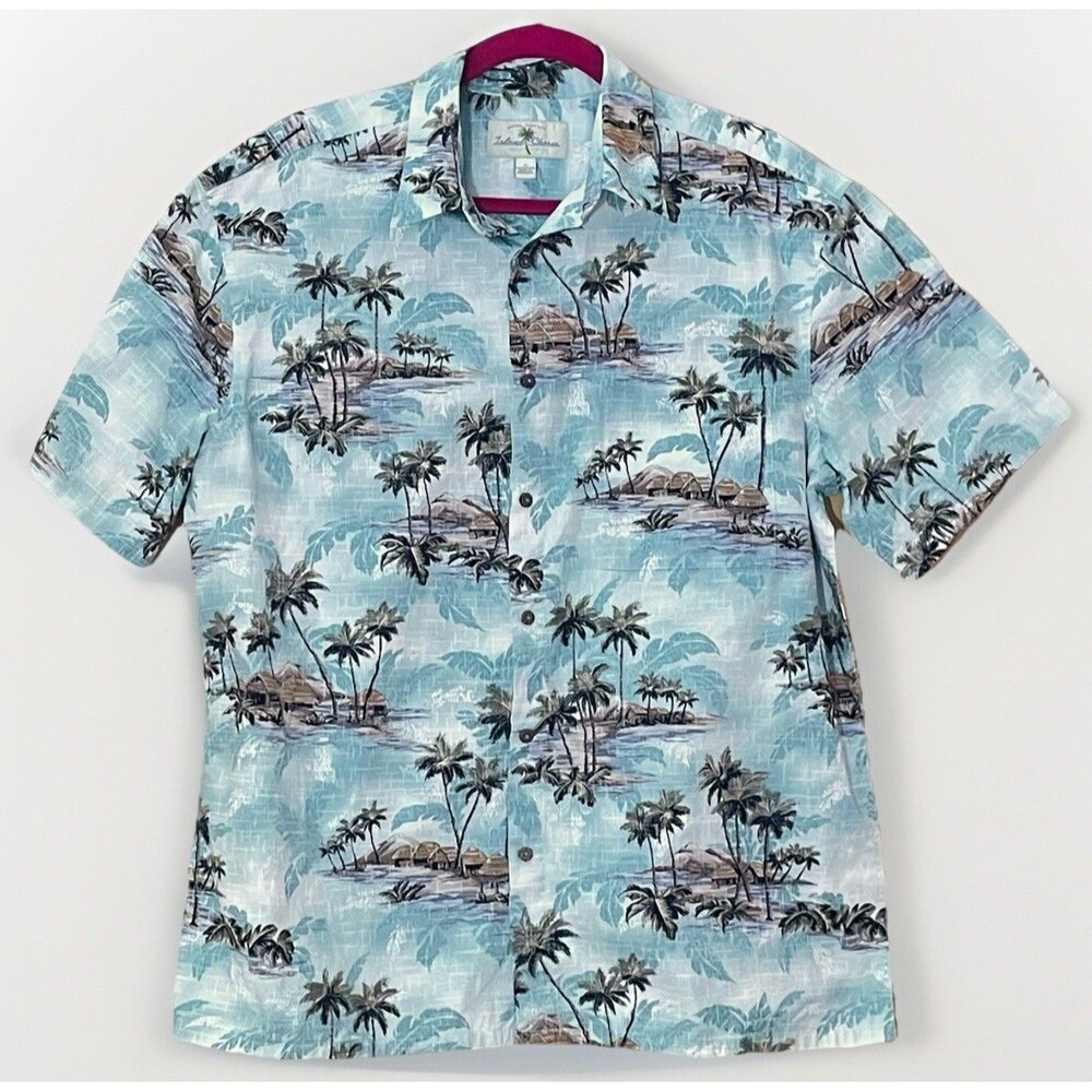 Island Shores Shirt L Blue Island Palm Scenic Print Cotton Hawaiian Party Resort